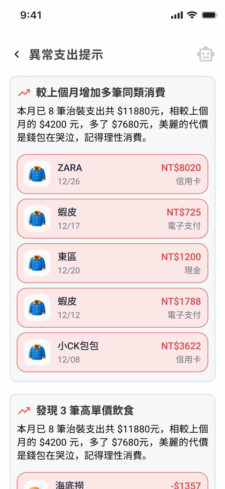 財伴 oSave 異常支出提示頁，列出同類消費暴增的明細